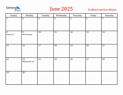 Current month calendar with Svalbard and Jan Mayen holidays for June 2025