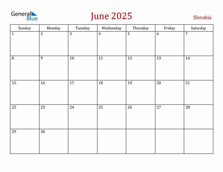 Slovakia June 2025 Calendar - Sunday Start