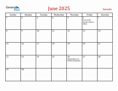Current month calendar with Somalia holidays for June 2025