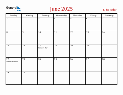 Current month calendar with El Salvador holidays for June 2025