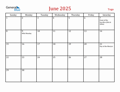 Current month calendar with Togo holidays for June 2025