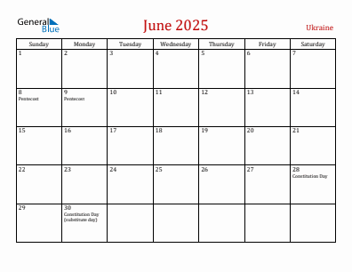 Current month calendar with Ukraine holidays for June 2025