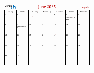 Current month calendar with Uganda holidays for June 2025