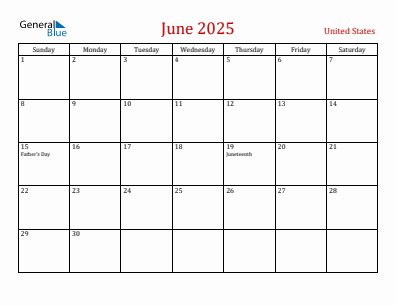 Current month calendar with United States holidays for June 2025
