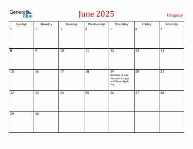 Current month calendar with Uruguay holidays for June 2025