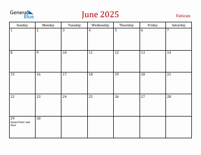 Current month calendar with Vatican holidays for June 2025