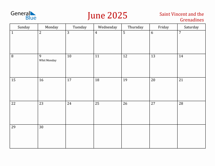Saint Vincent and the Grenadines June 2025 Calendar - Sunday Start