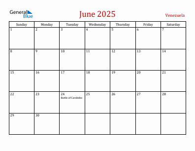 Current month calendar with Venezuela holidays for June 2025