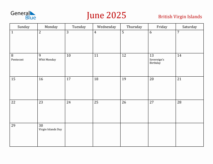 British Virgin Islands June 2025 Calendar - Sunday Start