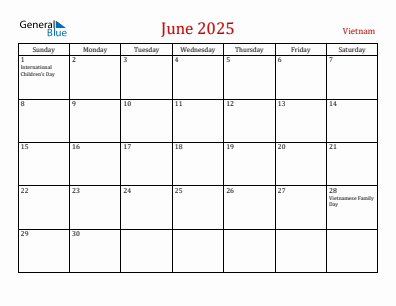 Current month calendar with Vietnam holidays for June 2025
