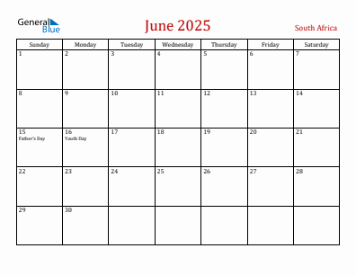 Current month calendar with South Africa holidays for June 2025