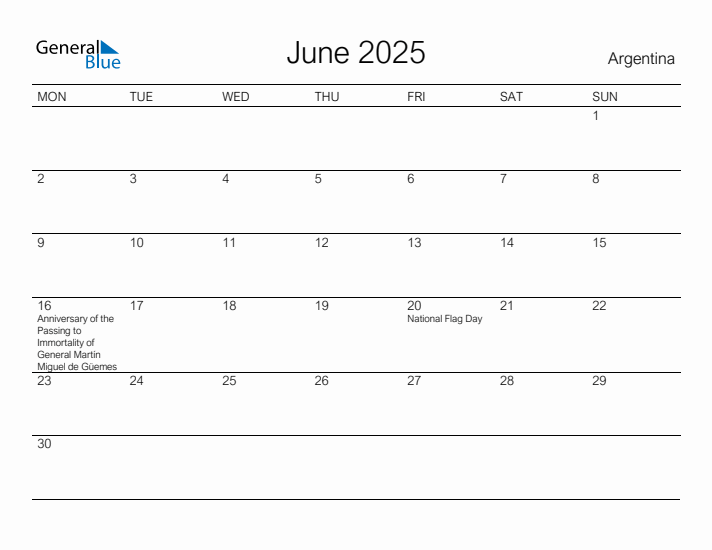 Printable June 2025 Calendar for Argentina