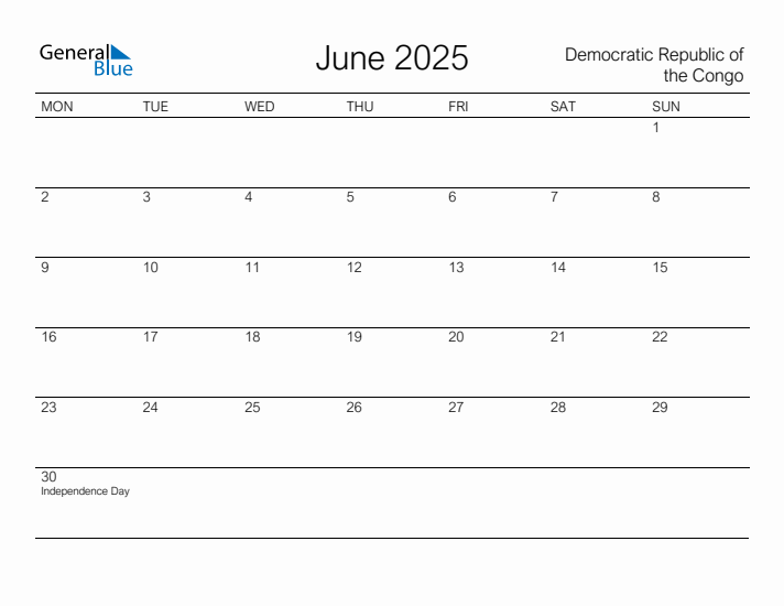 Printable June 2025 Calendar for Democratic Republic of the Congo