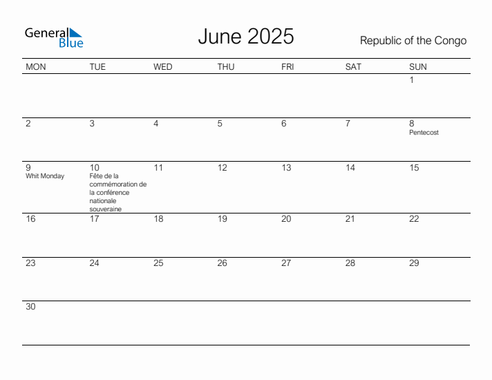 Printable June 2025 Calendar for Republic of the Congo