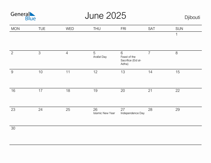 Printable June 2025 Calendar for Djibouti