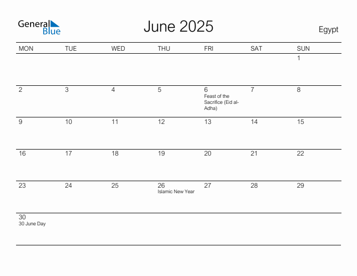 Printable June 2025 Calendar for Egypt