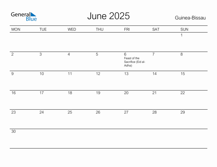 Printable June 2025 Calendar for Guinea-Bissau