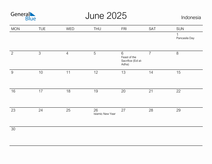 Printable June 2025 Calendar for Indonesia