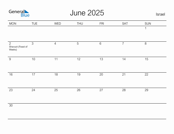 Printable June 2025 Calendar for Israel