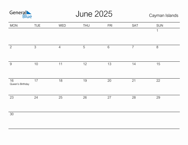 Printable June 2025 Calendar for Cayman Islands