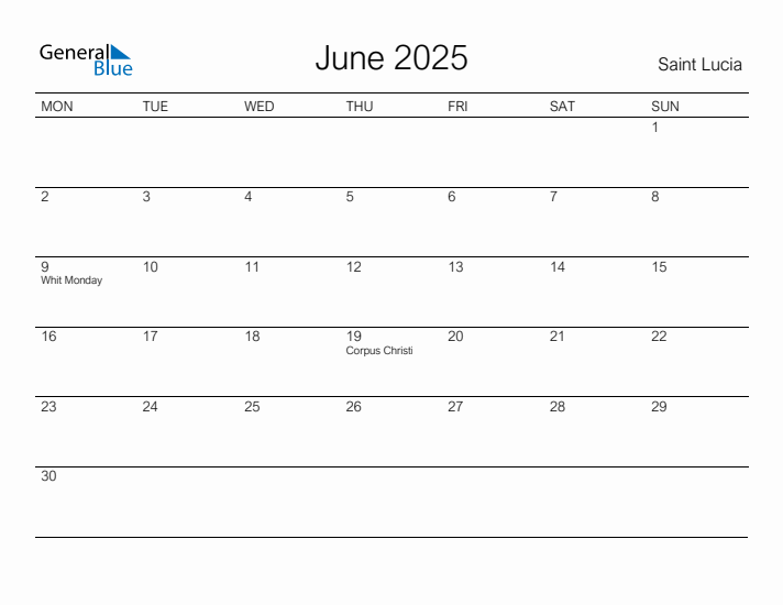 Printable June 2025 Calendar for Saint Lucia