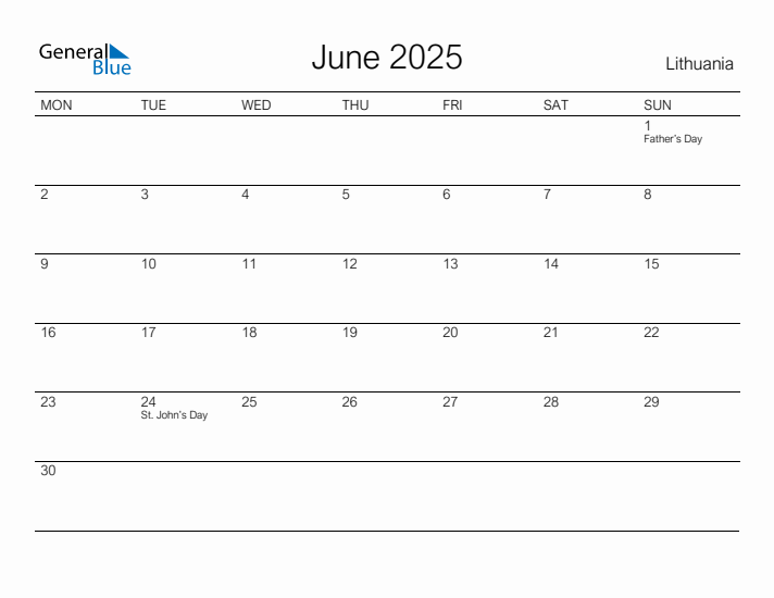 Printable June 2025 Calendar for Lithuania