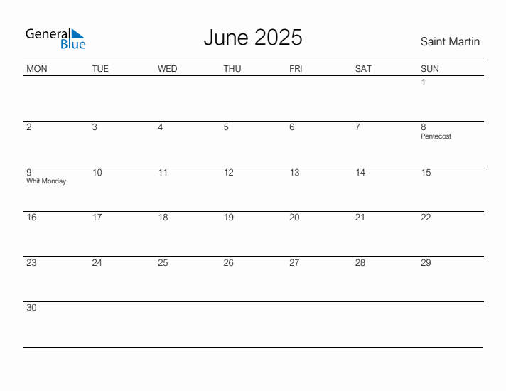 Printable June 2025 Calendar for Saint Martin