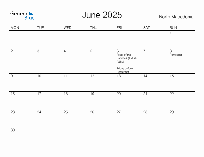 Printable June 2025 Calendar for North Macedonia