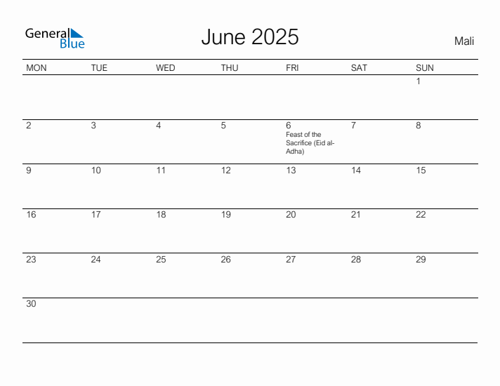 Printable June 2025 Calendar for Mali