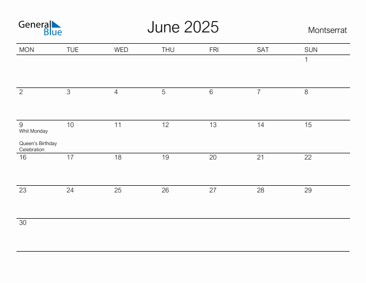 Printable June 2025 Calendar for Montserrat