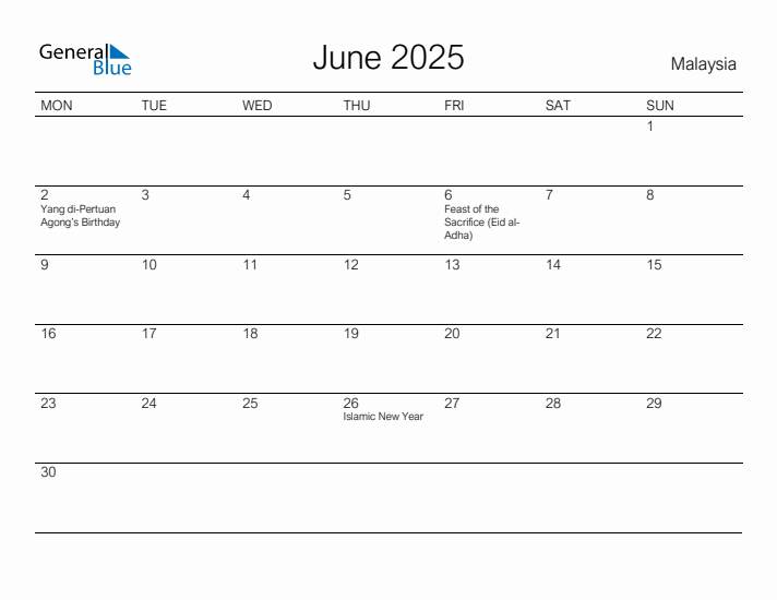 Printable June 2025 Calendar for Malaysia
