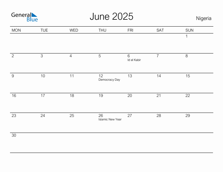 Printable June 2025 Calendar for Nigeria