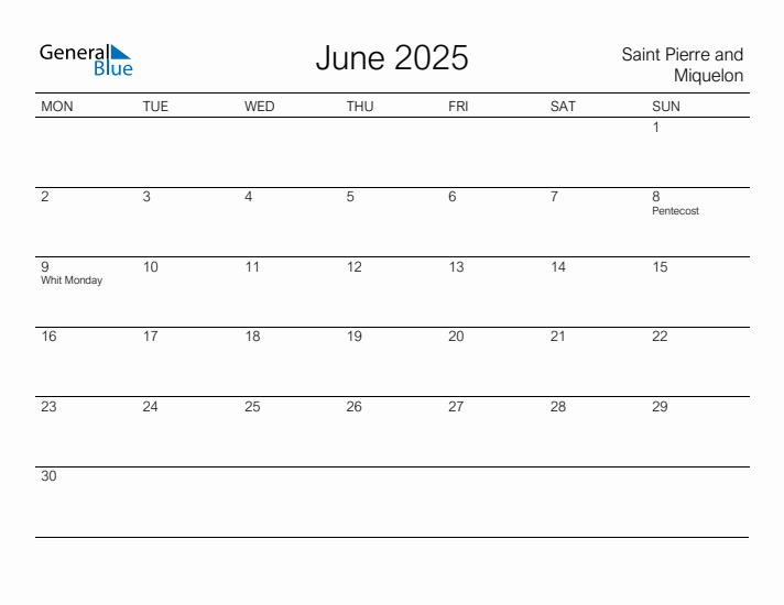 Printable June 2025 Calendar for Saint Pierre and Miquelon