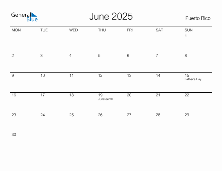 Printable June 2025 Calendar for Puerto Rico