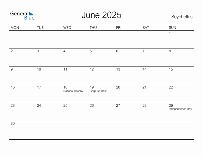 Printable June 2025 Calendar for Seychelles