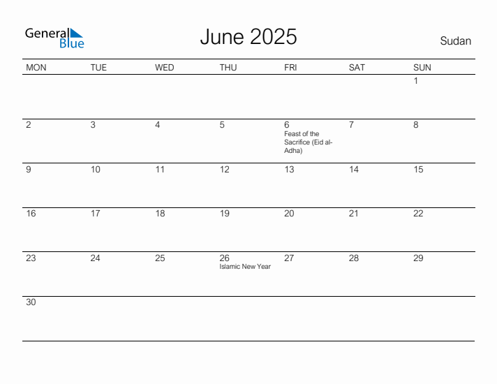 Printable June 2025 Calendar for Sudan