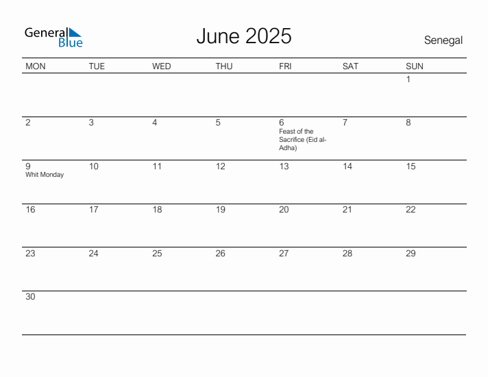Printable June 2025 Calendar for Senegal