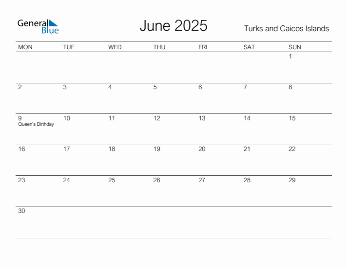 Printable June 2025 Calendar for Turks and Caicos Islands