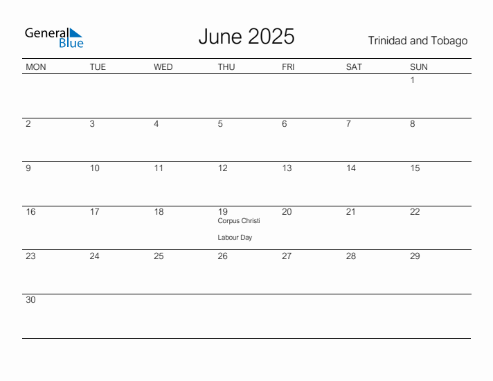Printable June 2025 Calendar for Trinidad and Tobago