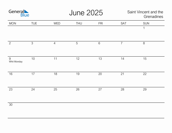 Printable June 2025 Calendar for Saint Vincent and the Grenadines