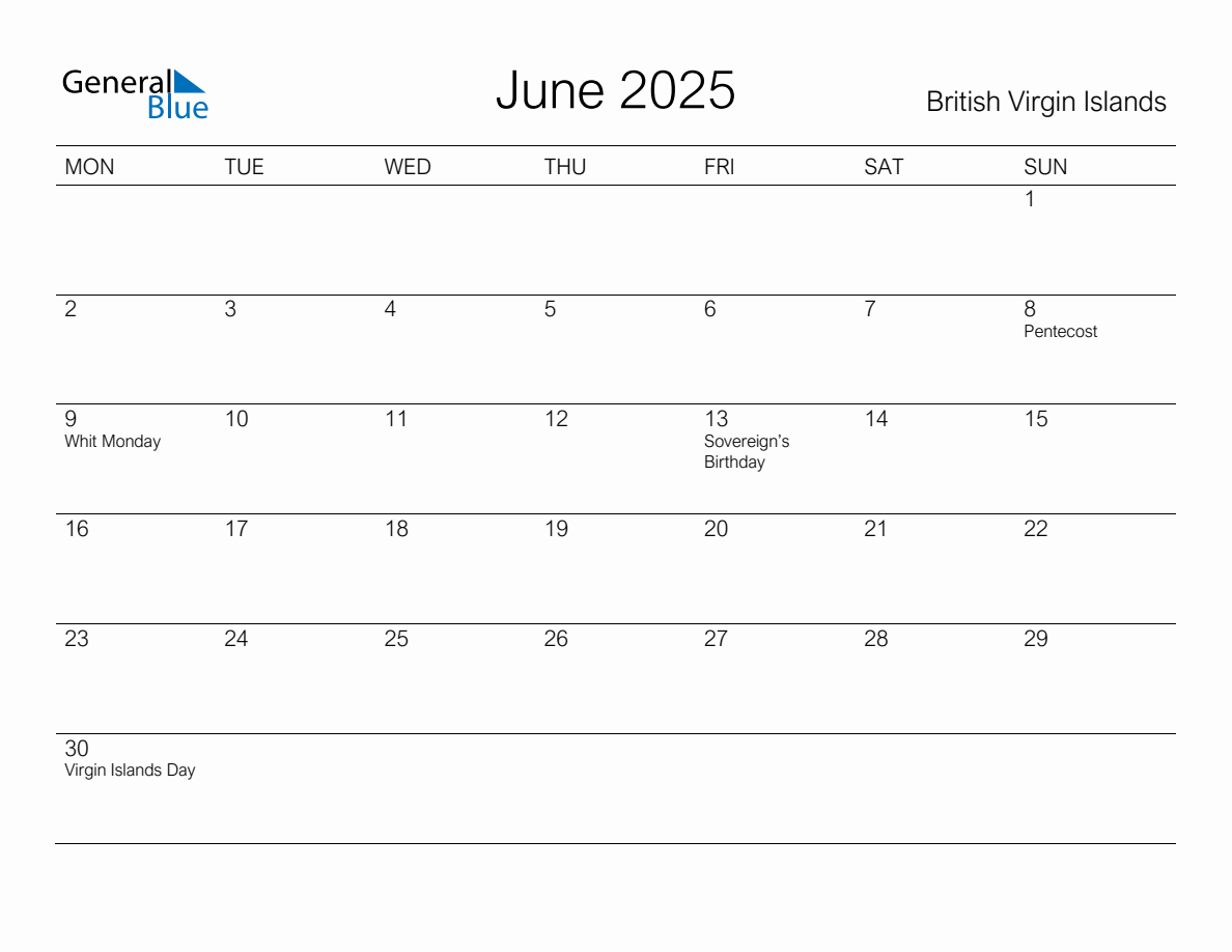 Printable June 2025 Monthly Calendar with Holidays for British Virgin ...