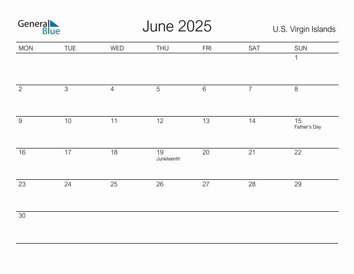 Printable June 2025 Calendar for U.S. Virgin Islands