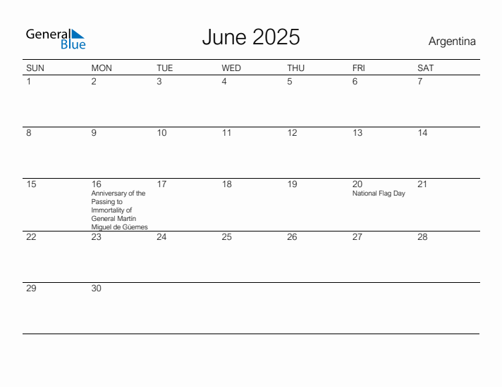 Printable June 2025 Calendar for Argentina