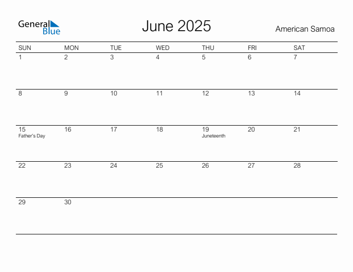 Printable June 2025 Calendar for American Samoa