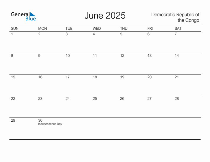 Printable June 2025 Calendar for Democratic Republic of the Congo