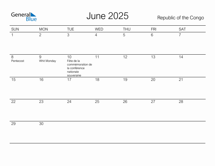Printable June 2025 Calendar for Republic of the Congo