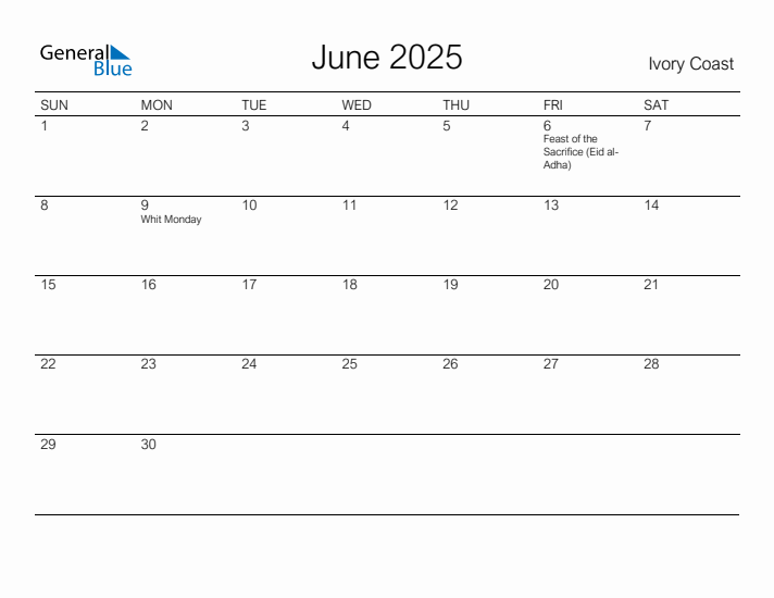 Printable June 2025 Calendar for Ivory Coast