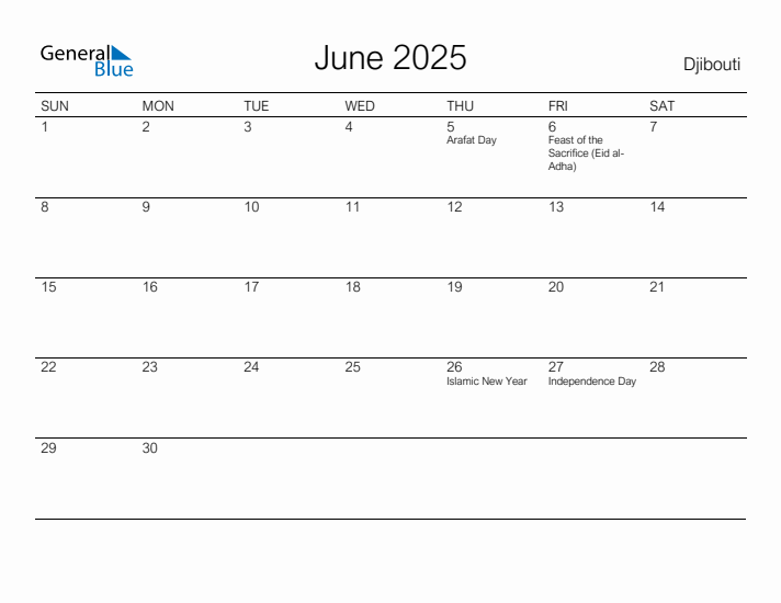 Printable June 2025 Calendar for Djibouti