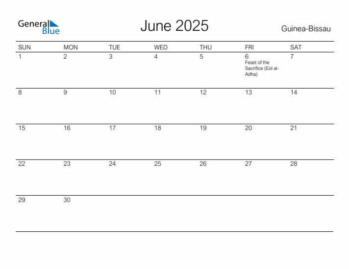 Printable June 2025 Calendar for Guinea-Bissau