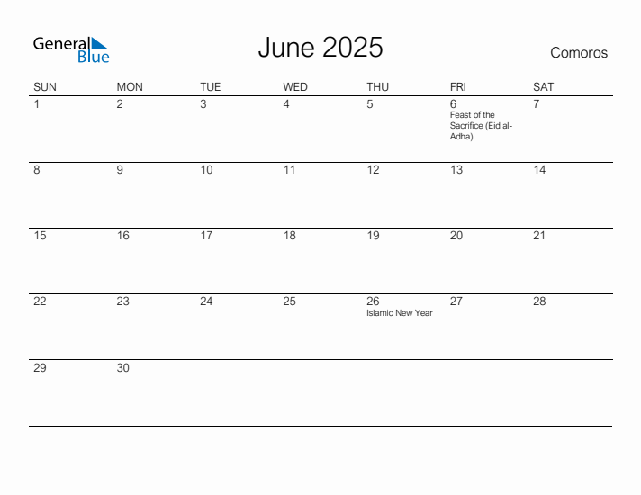 Printable June 2025 Calendar for Comoros
